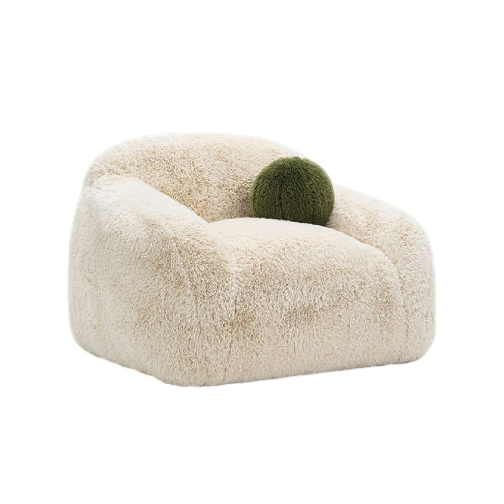 Dera Swivel Barrel Sofa Chair | Olive Green Pillow | S& Beige Faux Fur