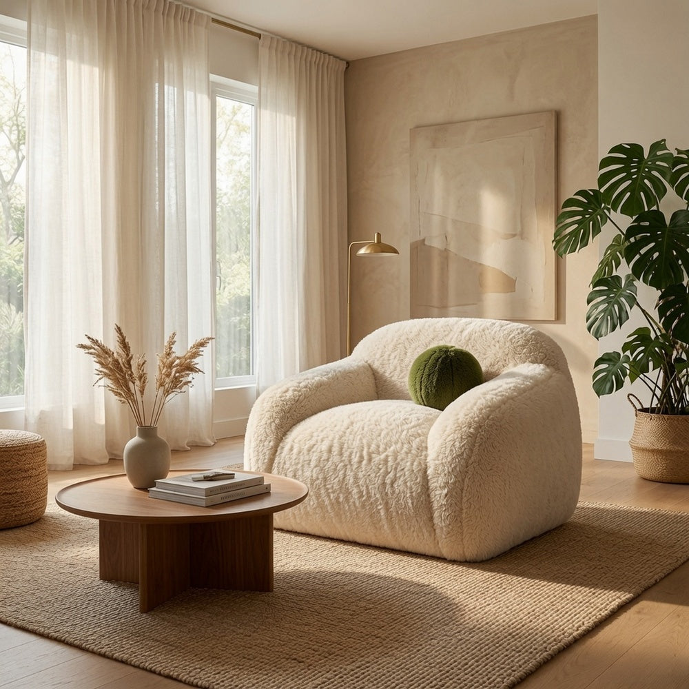 Dera Swivel Barrel Sofa Chair | Olive Green Pillow | S& Beige Faux Fur