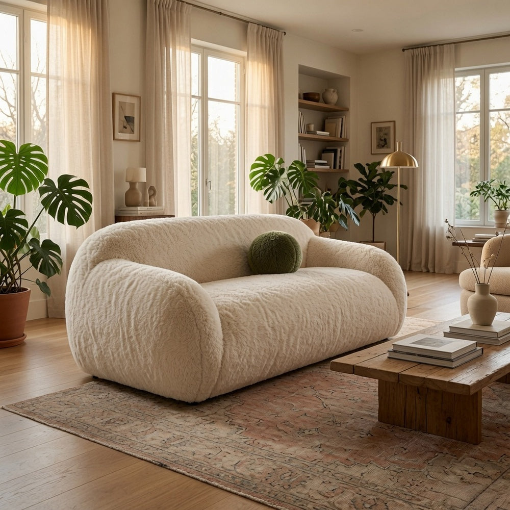 Dera Modern Loveseat | Olive Green Pillow | S& Beige Faux Fur | 67"
