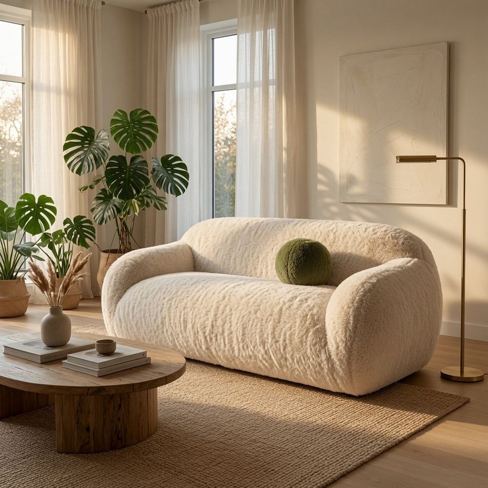 Dera Modern Loveseat | Olive Green Pillow | S& Beige Faux Fur | 67"