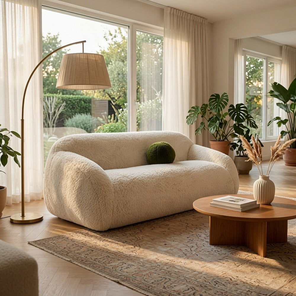 Dera Modern Sofa | Olive Green Pillow | S& Beige Faux Fur | 84"