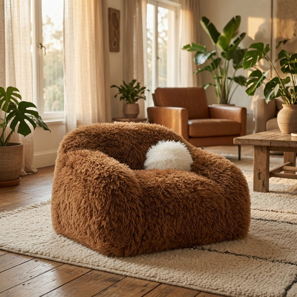 Dera Swivel Barrel Sofa Chair | White Pillow | Camel Brown Faux Fur
