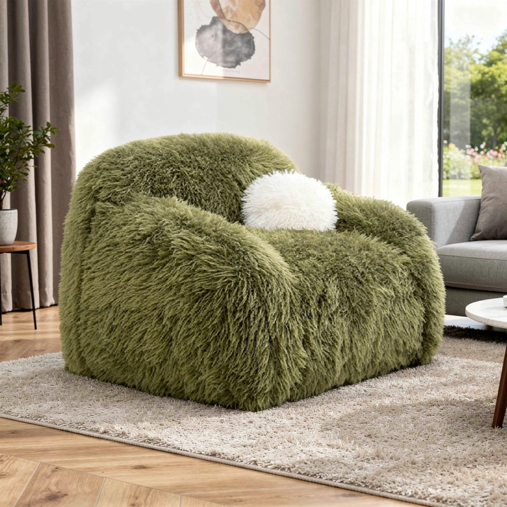 Dera Swivel Barrel Sofa Chair | White Pillow | Plush Green Faux Fur