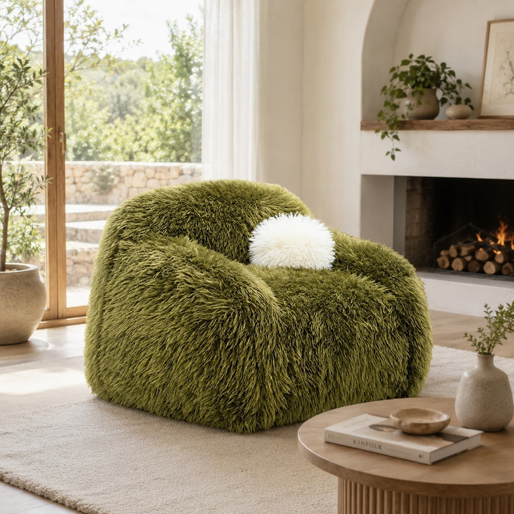 Dera Swivel Barrel Sofa Chair | White Pillow | Plush Green Faux Fur
