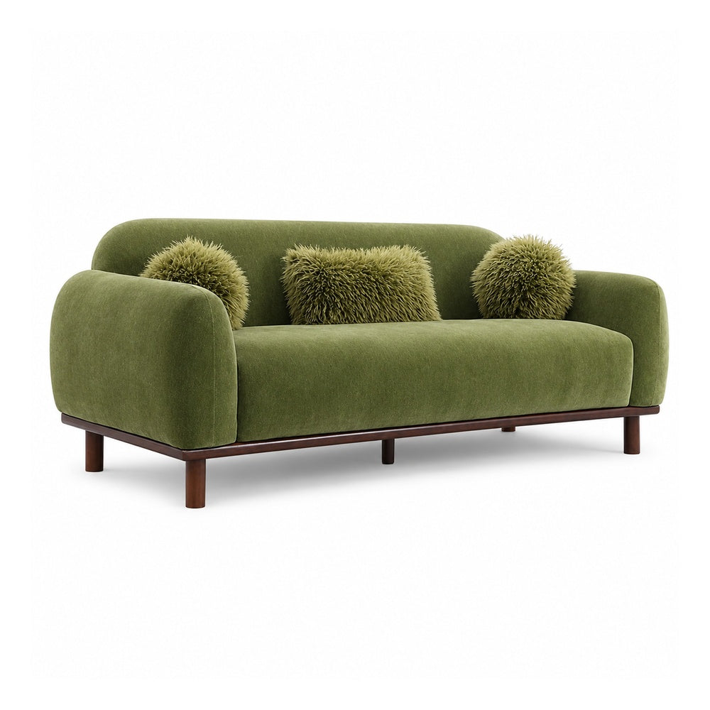 Dea Bench Sofa | 3 Faux Fur Accent Pillows | Olive Green Chenille | 84"