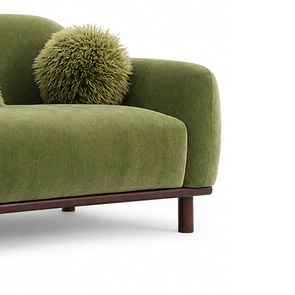Dea Bench Sofa | 3 Faux Fur Accent Pillows | Olive Green Chenille | 84"
