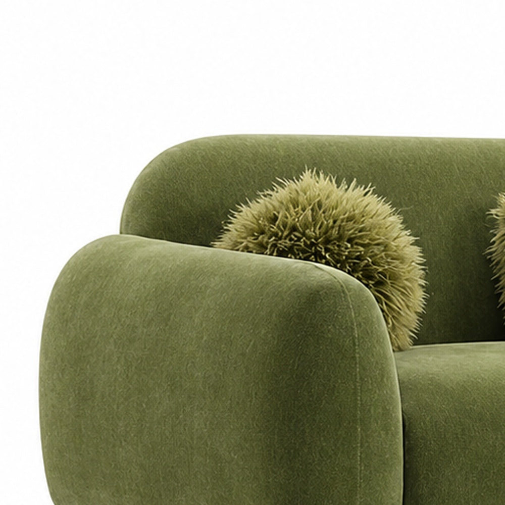 Dea Bench Sofa | 3 Faux Fur Accent Pillows | Olive Green Chenille | 84"