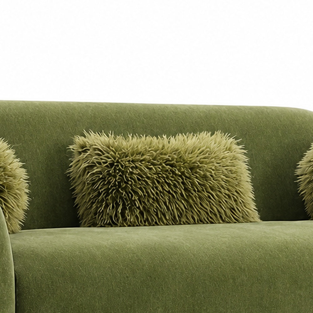 Dea Bench Sofa | 3 Faux Fur Accent Pillows | Olive Green Chenille | 84"