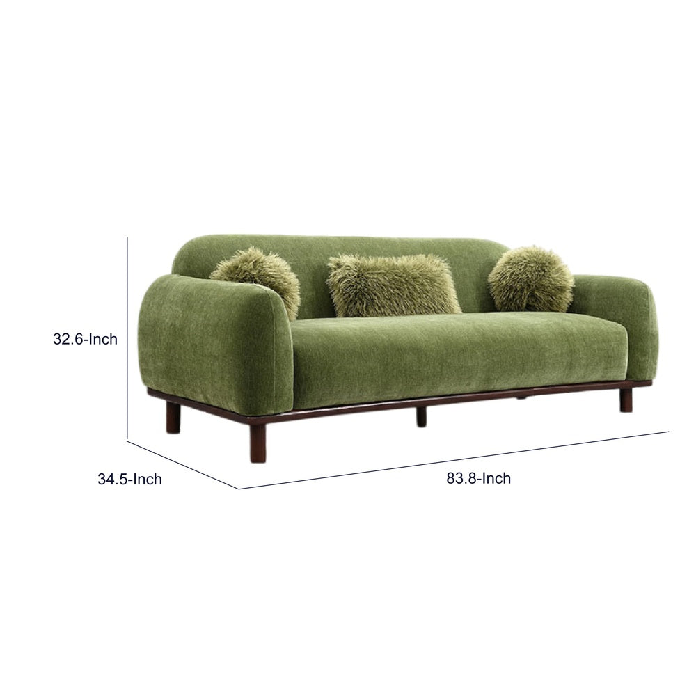 Dea Bench Sofa | 3 Faux Fur Accent Pillows | Olive Green Chenille | 84"
