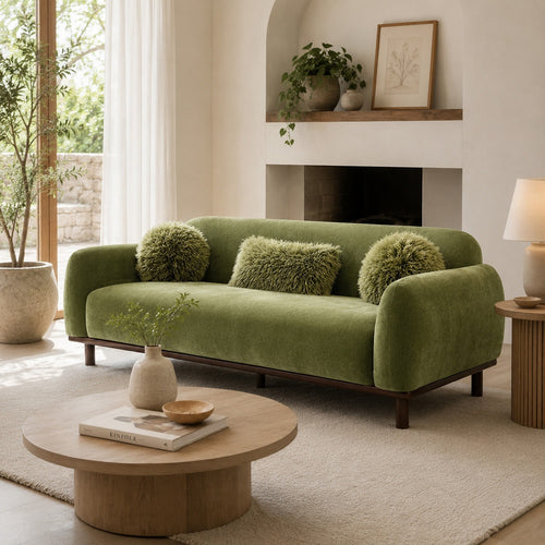 Dea Bench Sofa | 3 Faux Fur Accent Pillows | Olive Green Chenille | 84"