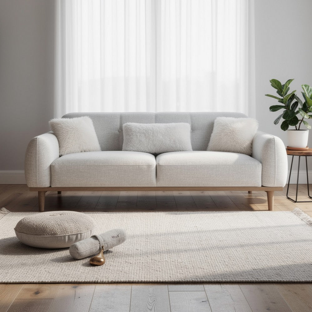 Dea Bench Sofa | 3 Faux Fur Accent Pillows | White Chenille | 84"