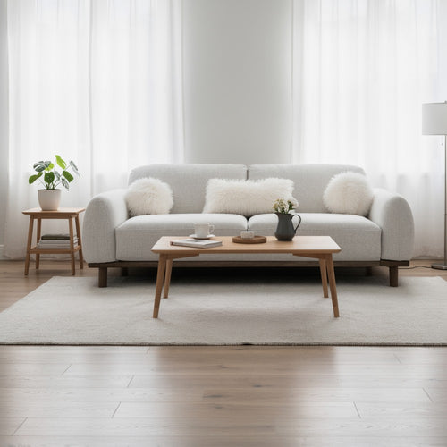 Dea Bench Sofa | 3 Faux Fur Accent Pillows | White Chenille | 84"