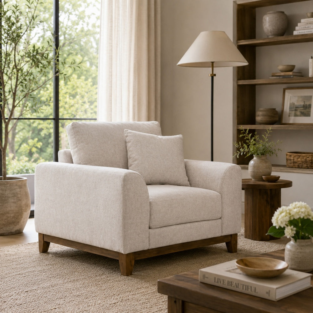 Wera Accent Sofa Chair with 1 Pillow | Light Gray Chenille | Brown Legs