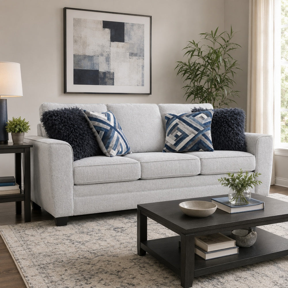 Eny Sofa | 4 Accent Pillows | Light Gray Chenille | Black Legs | 84"
