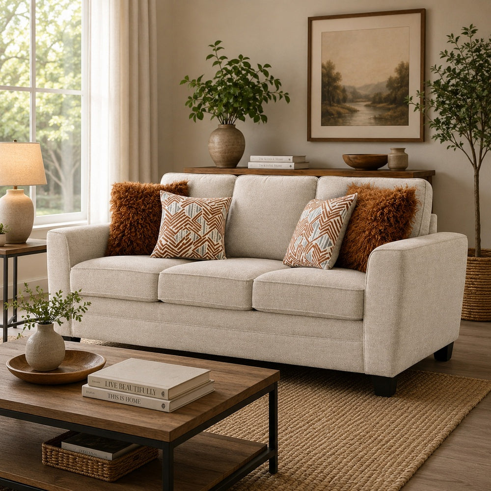Eny Loveseat with 3 Pillows | Taupe Brown Chenille | Black Legs | 64"