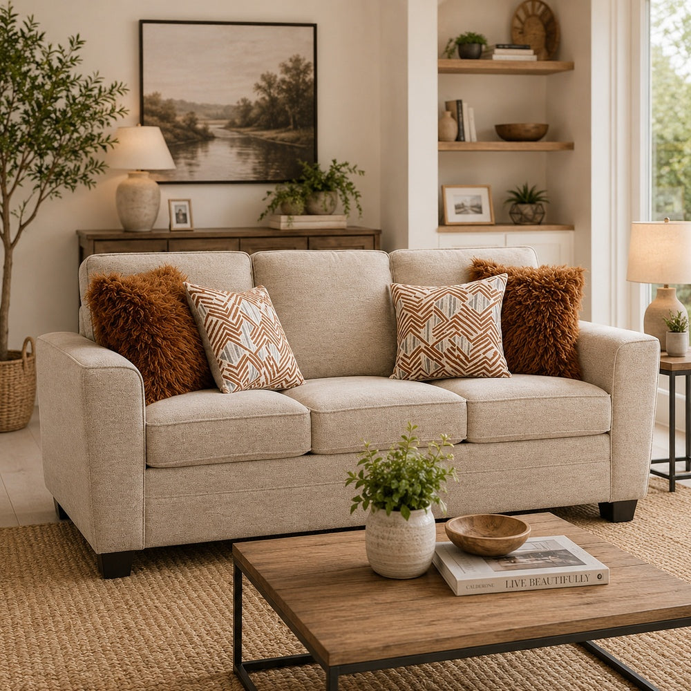 Eny Loveseat with 3 Pillows | Taupe Brown Chenille | Black Legs | 64"