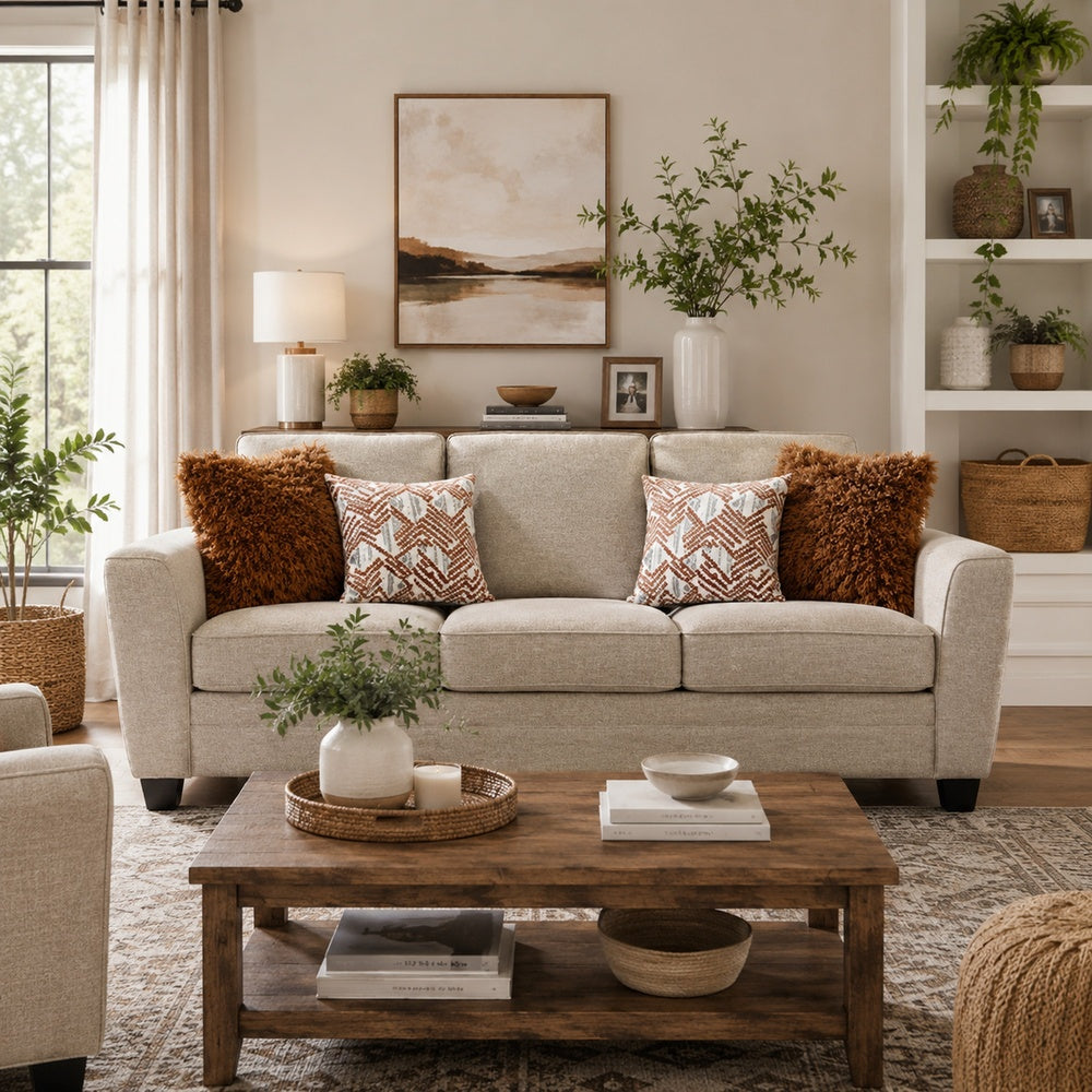 Eny Sofa with 4 Pillows | Taupe Brown Chenille | Black Legs | 84"