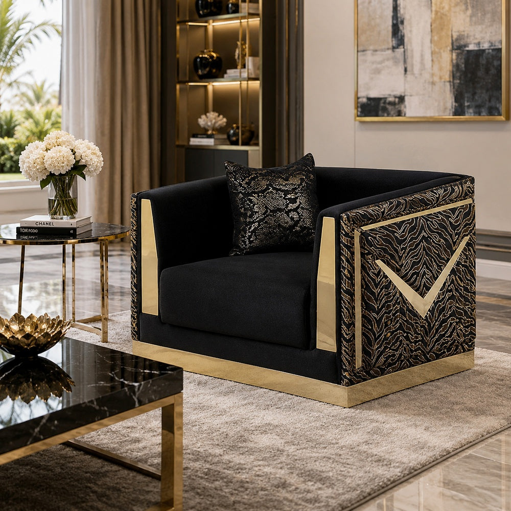 Dero Sofa Chair | Glam Black Velvet | Gold Zebra Print Panels