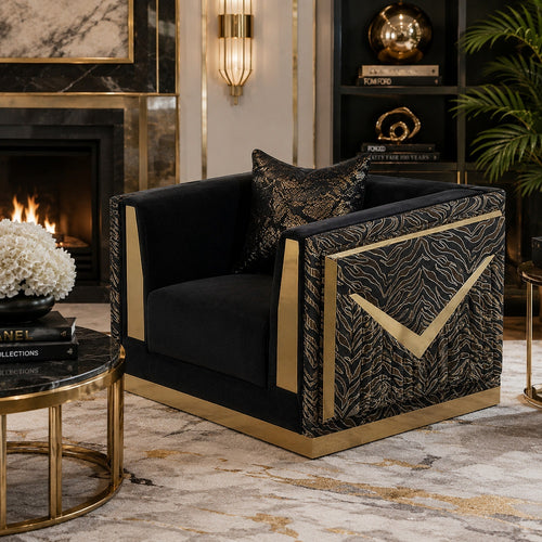 Dero Sofa Chair | Glam Black Velvet | Gold Zebra Print Panels