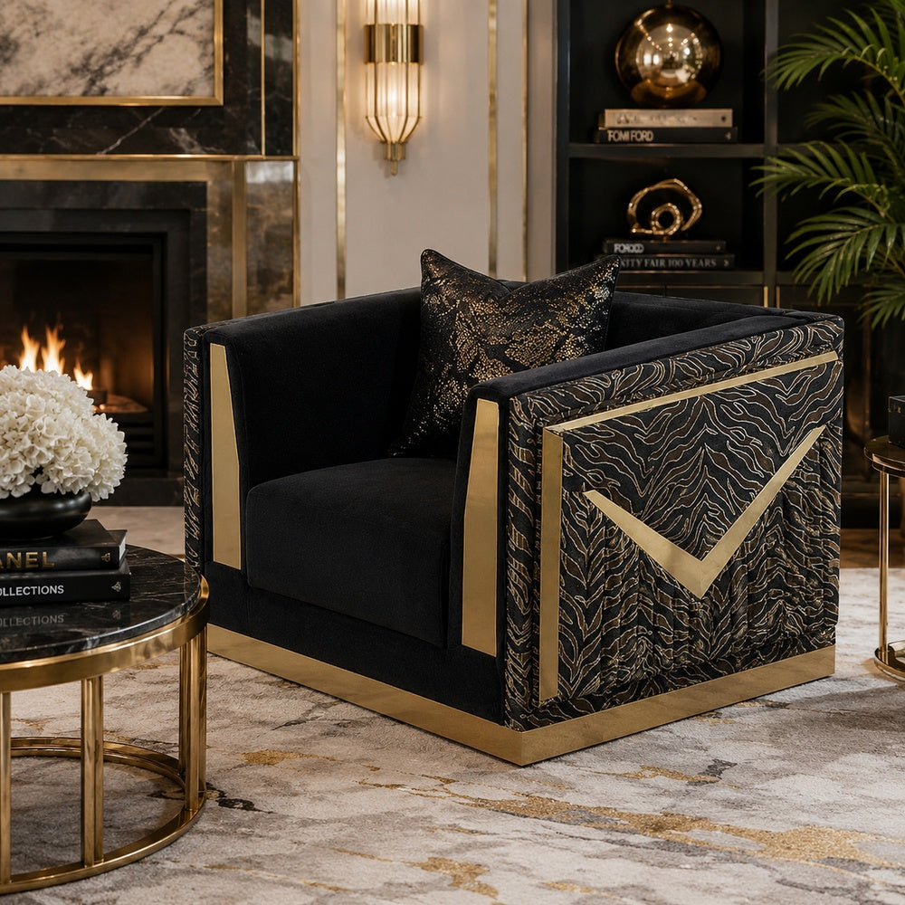 Dero Sofa Chair | Glam Black Velvet | Gold Zebra Print Panels