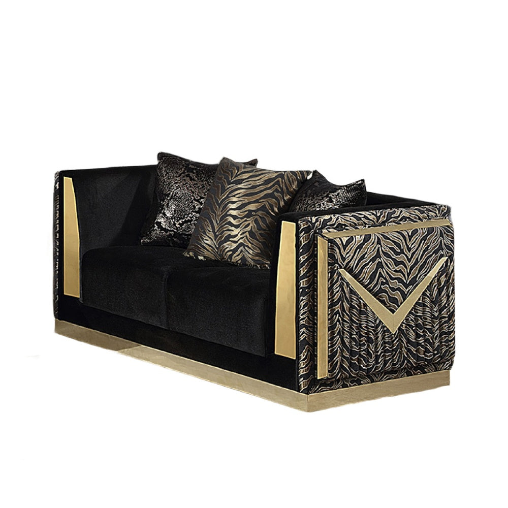 Dero Loveseat | 3 Pillows | Black Velvet | Gold Zebra Print Panels | 66"