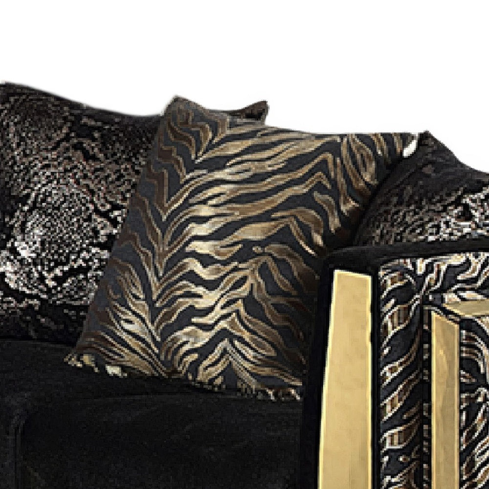 Dero Loveseat | 3 Pillows | Black Velvet | Gold Zebra Print Panels | 66"