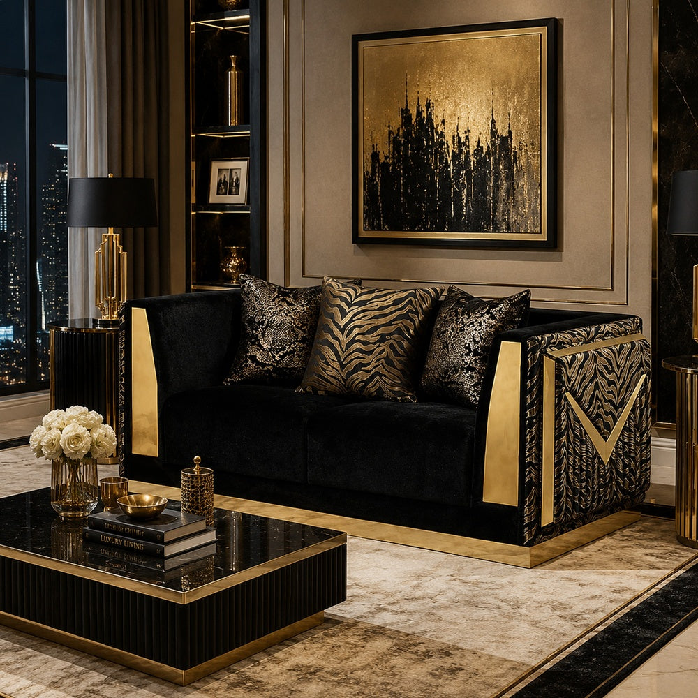 Dero Loveseat | 3 Pillows | Black Velvet | Gold Zebra Print Panels | 66"