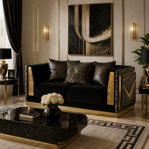 Dero Loveseat | 3 Pillows | Black Velvet | Gold Zebra Print Panels | 66"