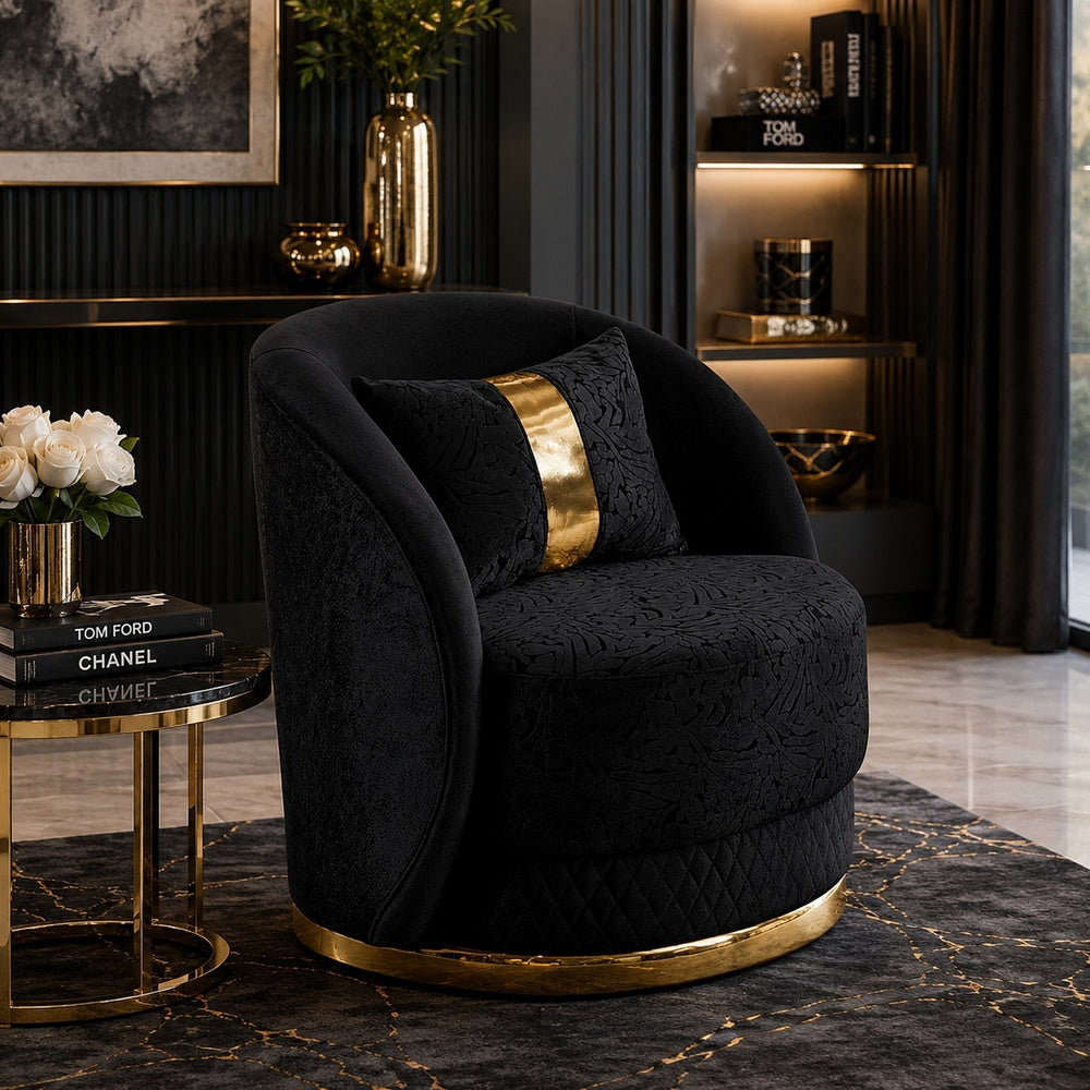 Vysa Swivel Accent Chair | 1 Pillow | Barrel Back | Gold Base | Black