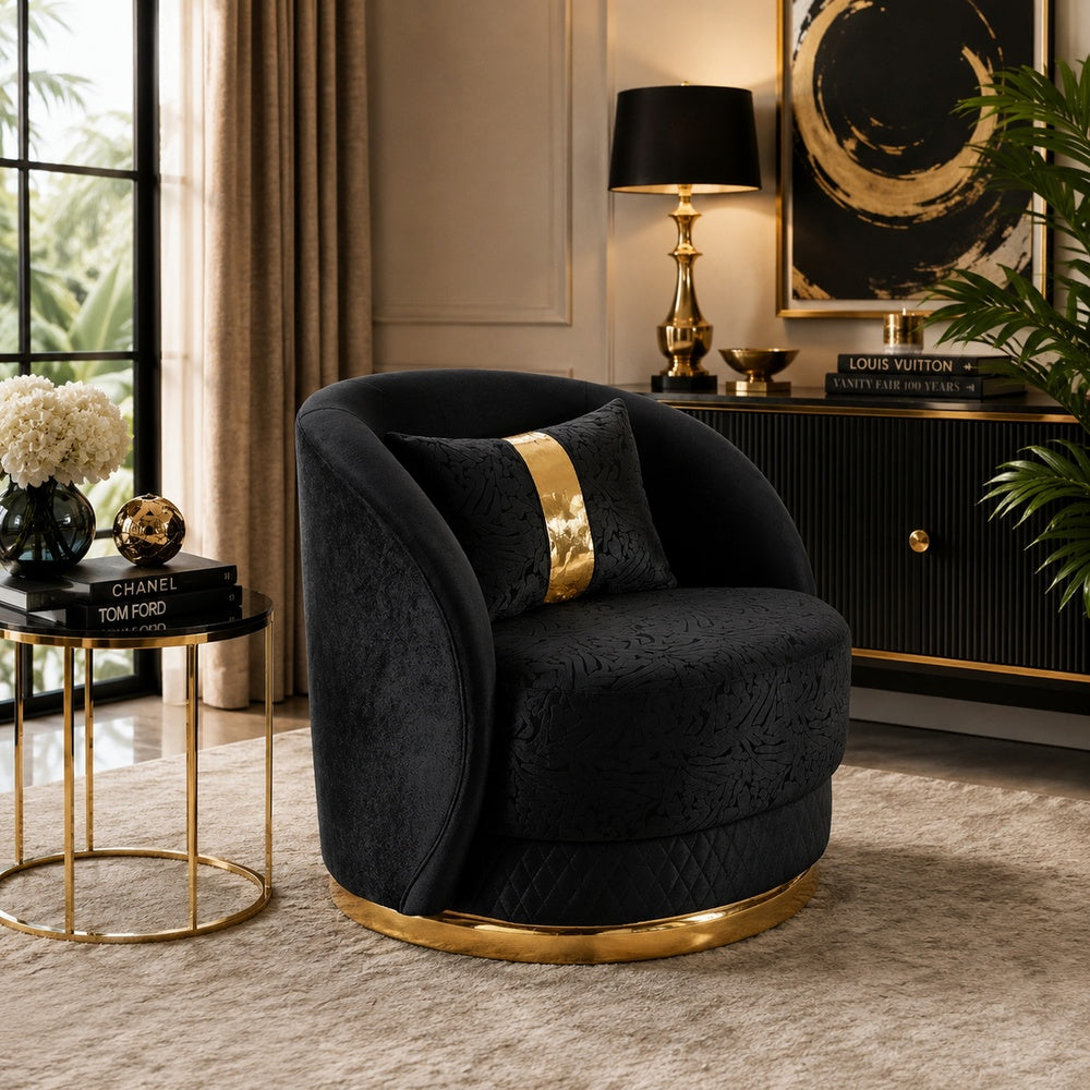 Vysa Swivel Accent Chair | 1 Pillow | Barrel Back | Gold Base | Black