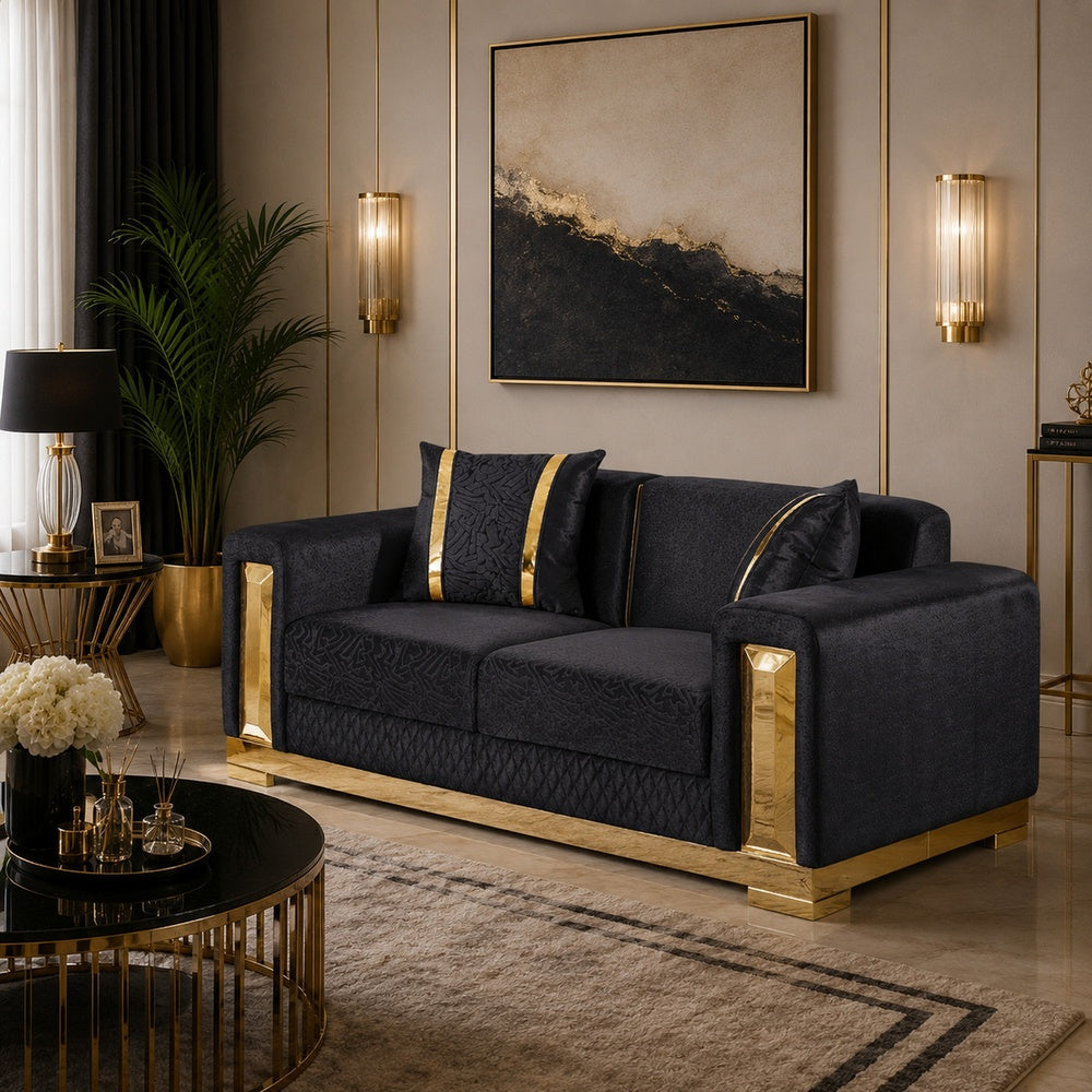 Vysa Loveseat with 2 Pillows | Barrel Back | Gold Base | 68" Black