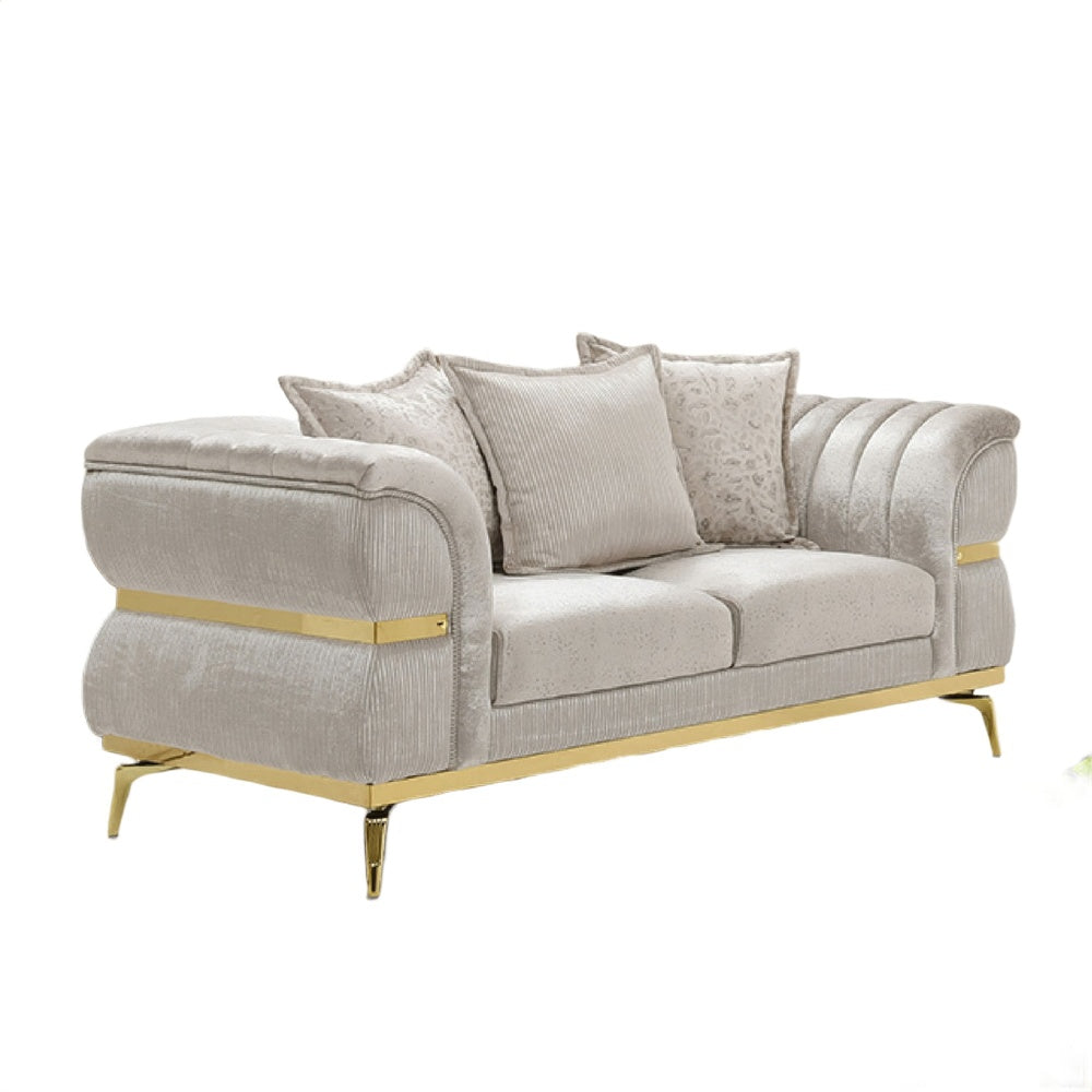 Jysa Loveseat | 3 Pillows | Gold Trim Flared Arms | Beige 68"