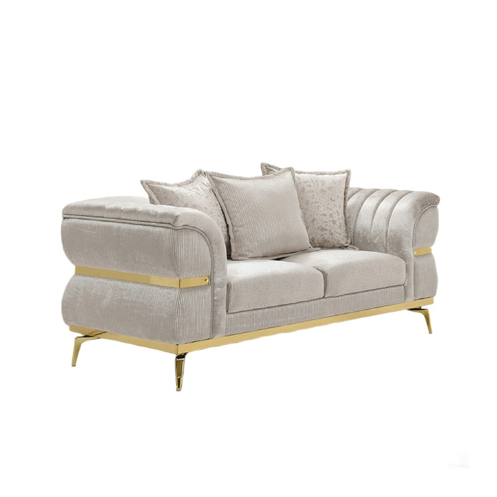 Jysa Loveseat | 3 Pillows | Gold Trim Flared Arms | Beige 68"