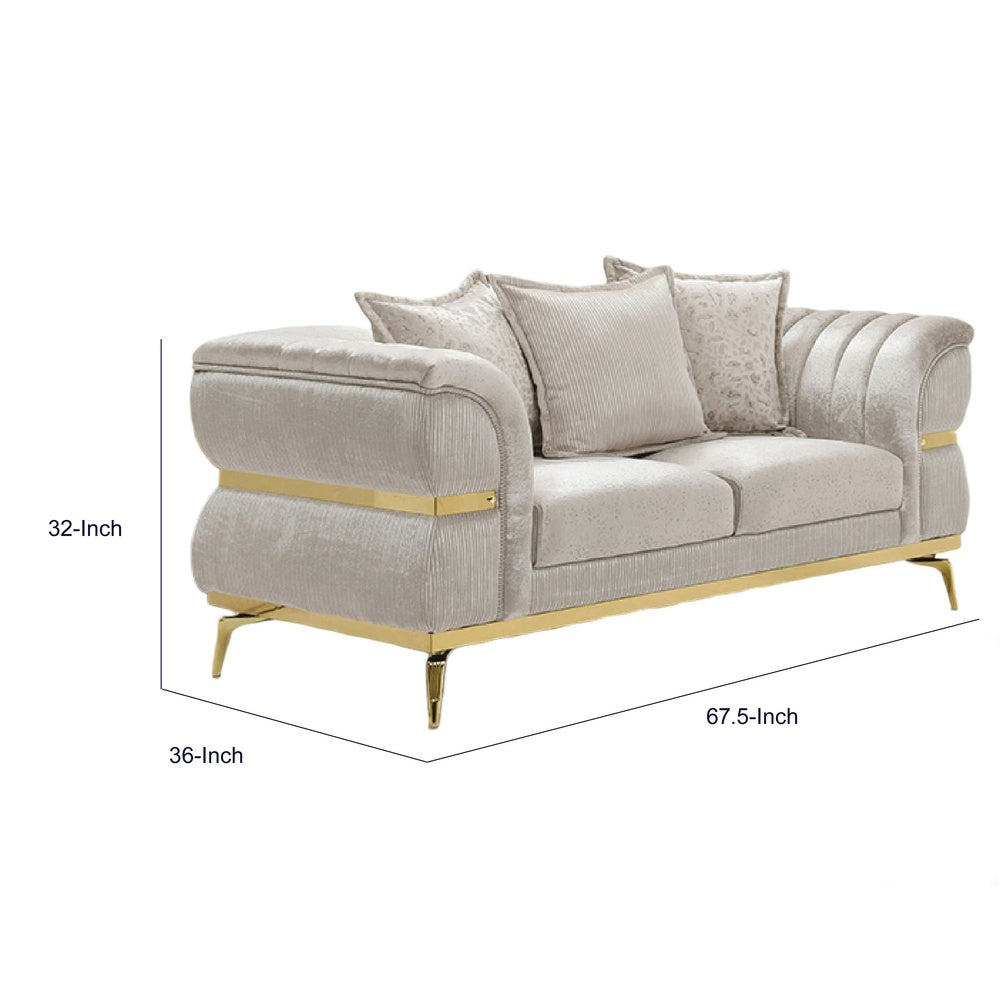 Jysa Loveseat | 3 Pillows | Gold Trim Flared Arms | Beige 68"