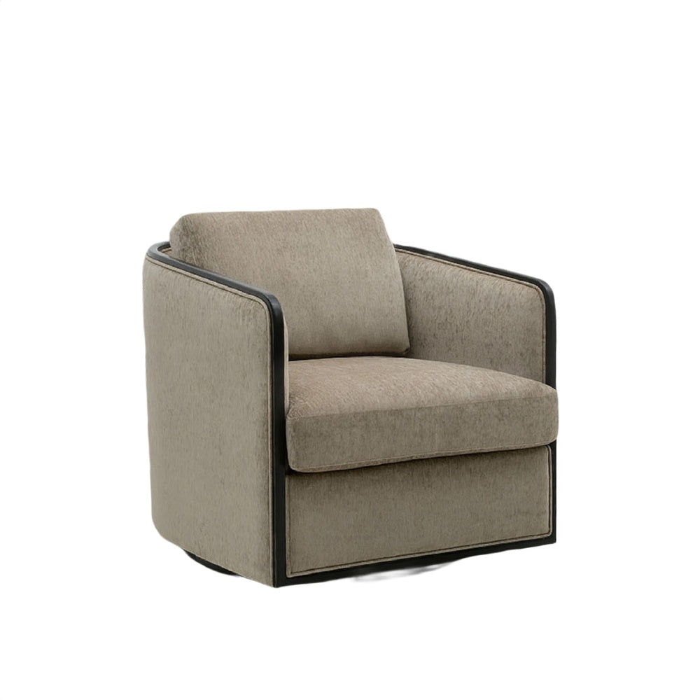 Cyra Swivel Accent Chair | Taupe Gray Chenille Foam Cushions | Barrel Back