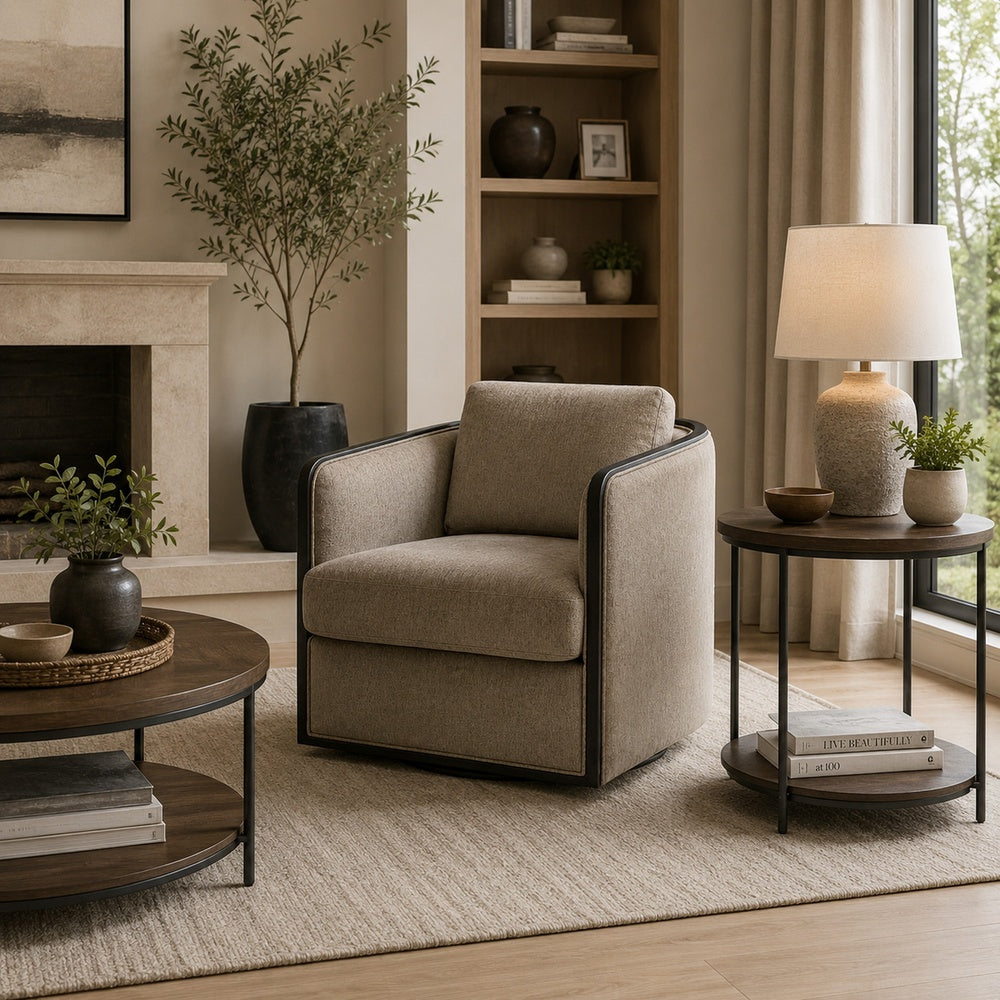 Cyra Swivel Accent Chair | Taupe Gray Chenille Foam Cushions | Barrel Back