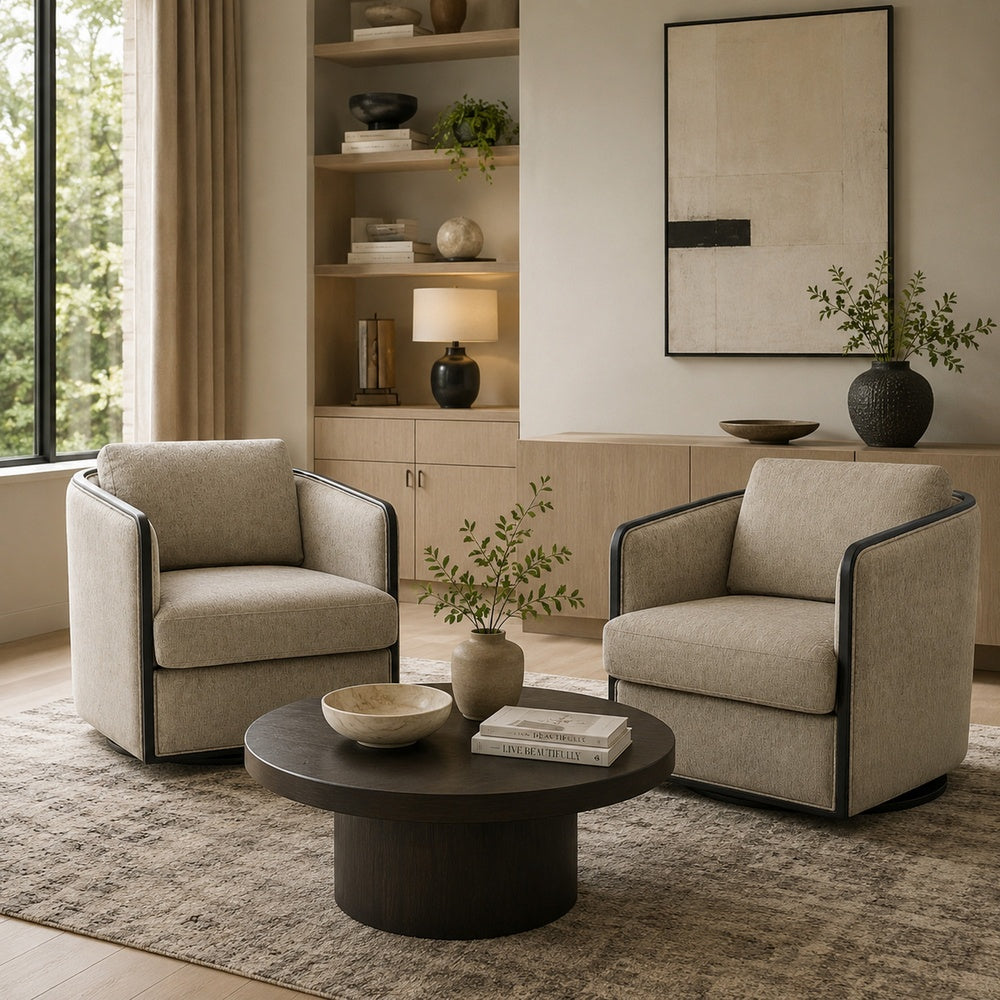 Cyra Swivel Accent Chair | Taupe Gray Chenille Foam Cushions | Barrel Back