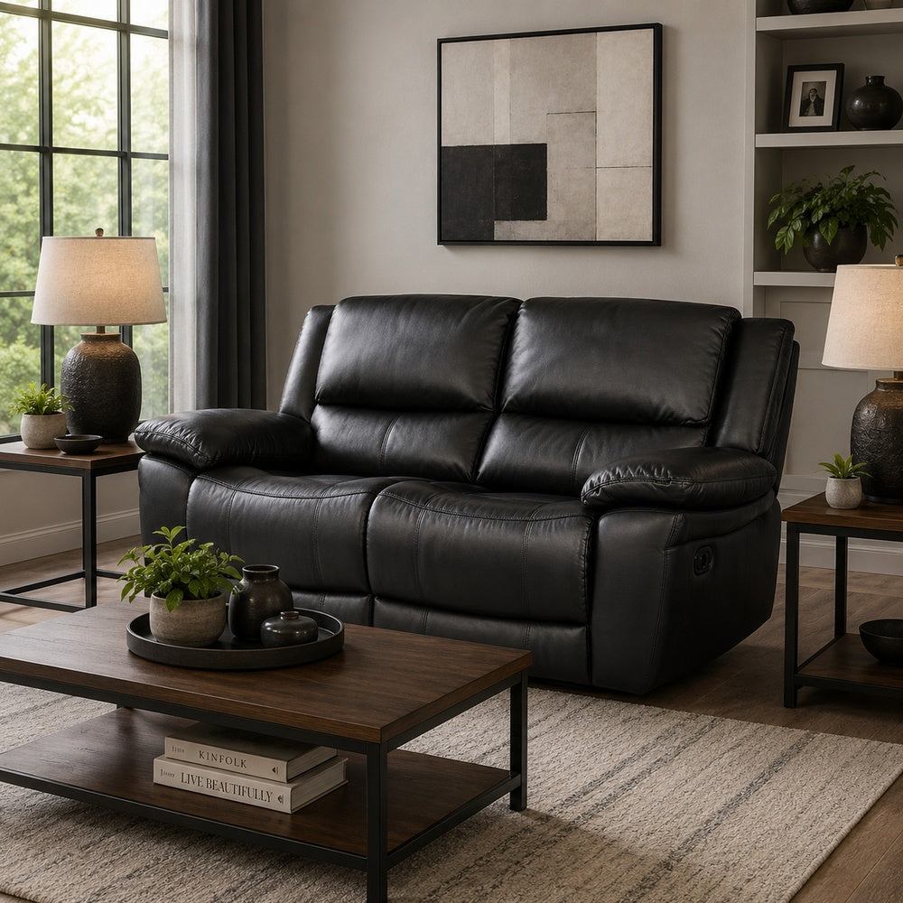Larus Manual Motion Recliner Loveseat | Black Faux Leather 60"
