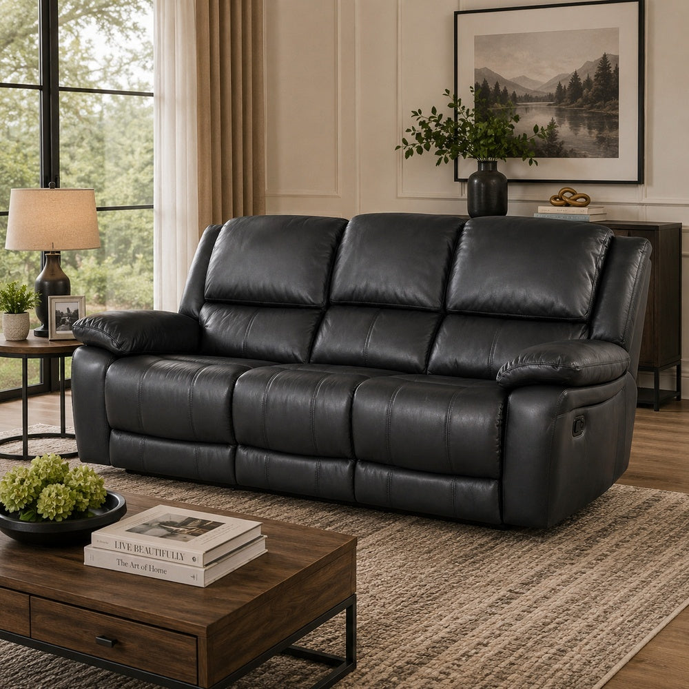 Larus Manual Motion Recliner Sofa | 3 Seater | Black Faux Leather 82"