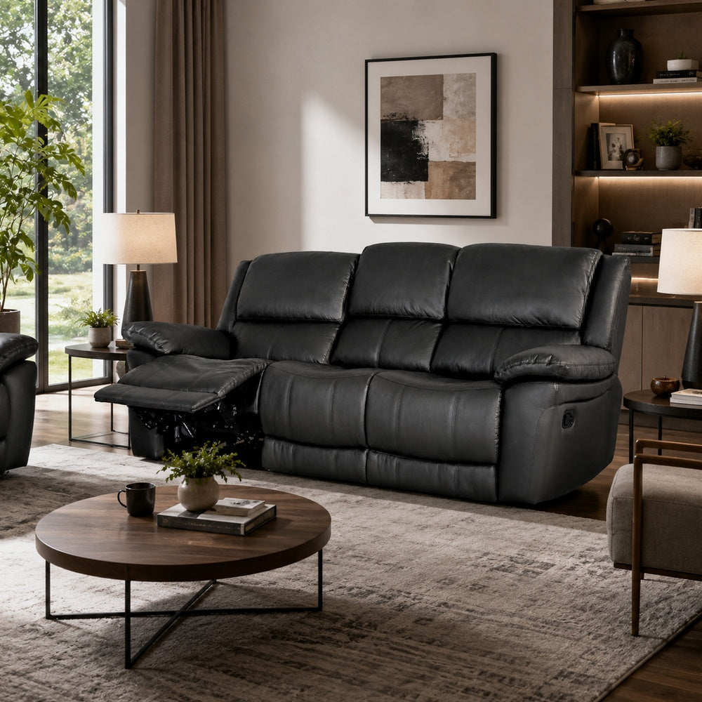 Larus Manual Motion Recliner Sofa | 3 Seater | Black Faux Leather 82"