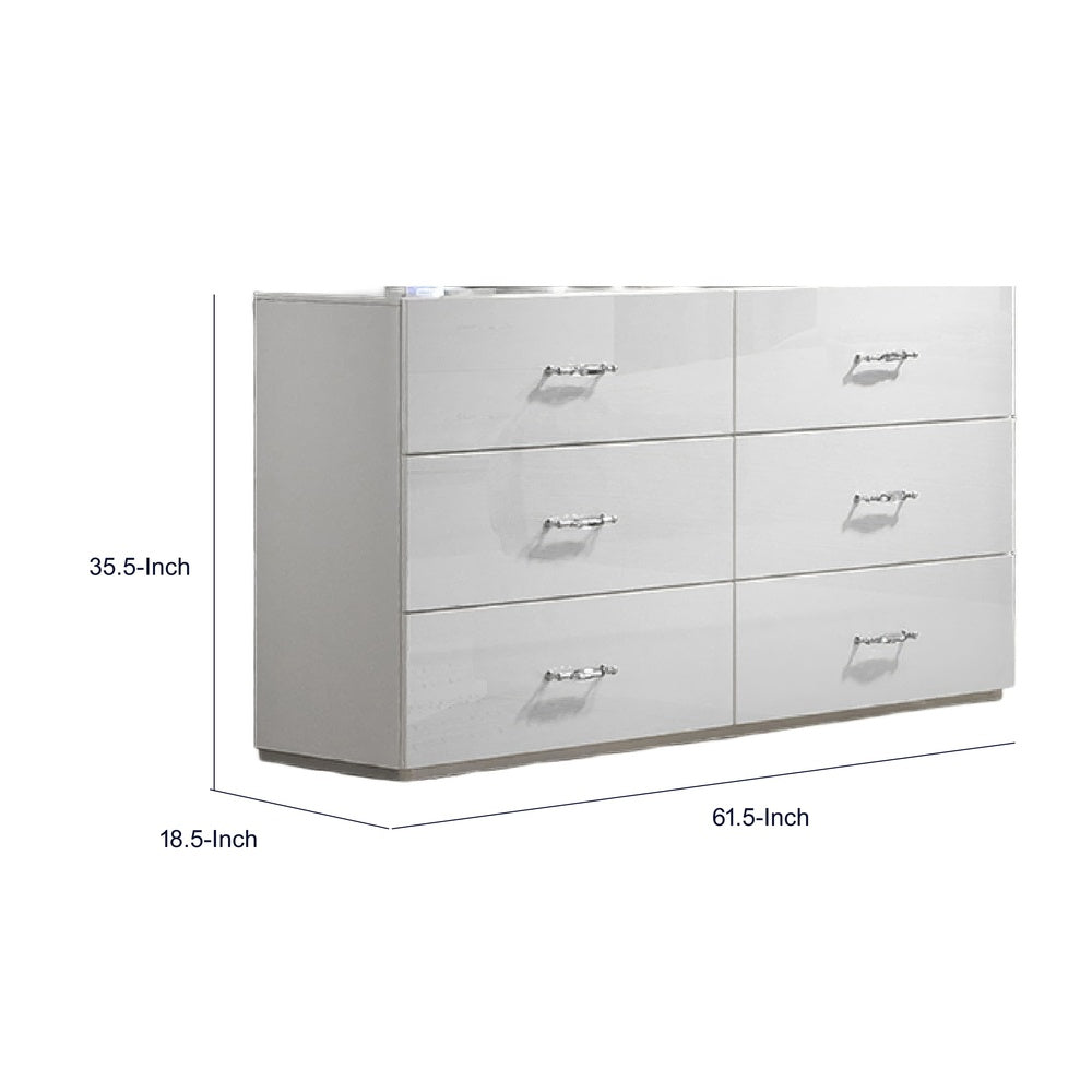 Soha Wide Dresser | 6 Drawers | Acrylic Chrome H&les | High Gloss White