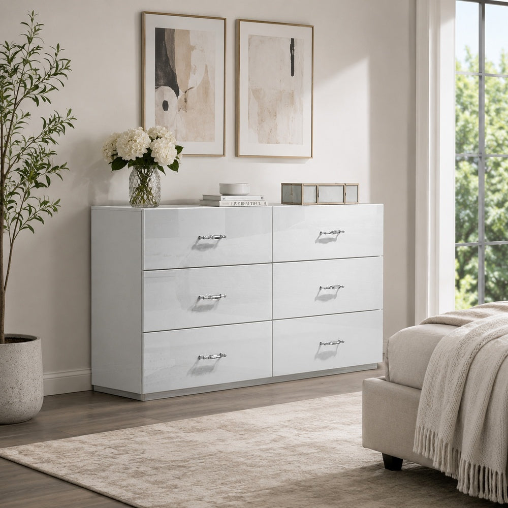 Soha Wide Dresser | 6 Drawers | Acrylic Chrome H&les | High Gloss White