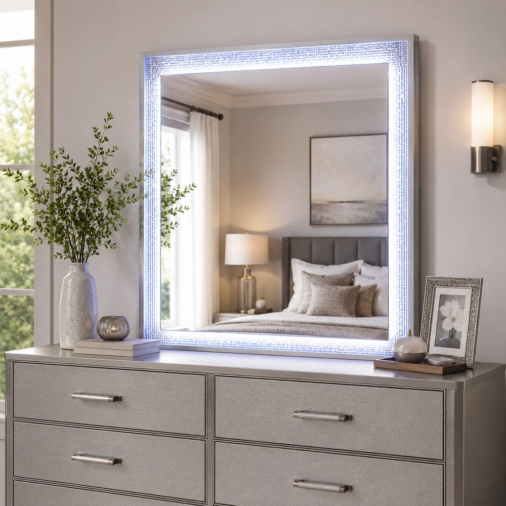 Soha Dresser Mirror | Rhinestone Trim w LED | High Gloss White 38x38