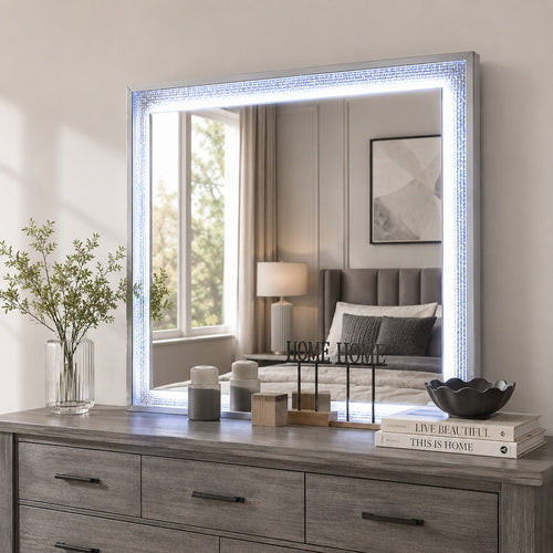 Soha Dresser Mirror | Rhinestone Trim w LED | High Gloss White 38x38