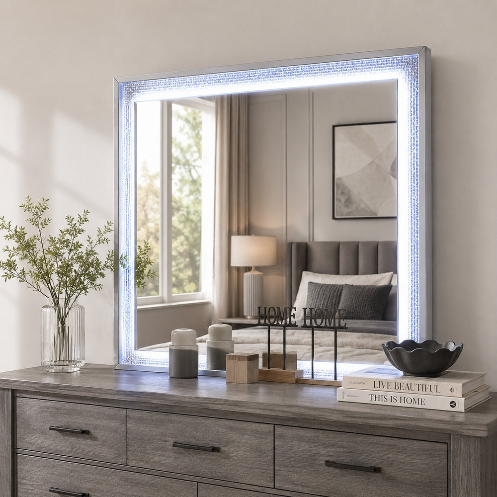 Soha Dresser Mirror | Rhinestone Trim w LED | High Gloss White 38x38