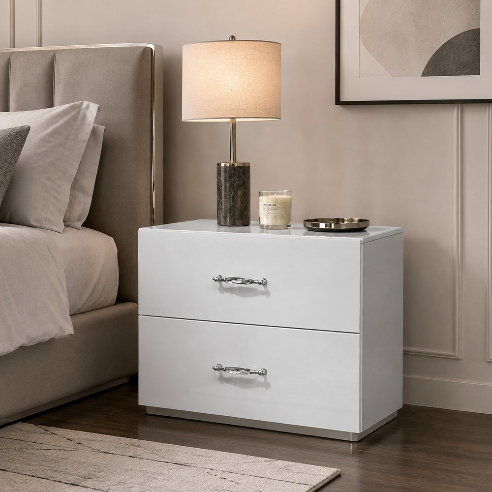 Soha Nightst& | 2 Drawers | Acrylic Chrome H&les | High Gloss White