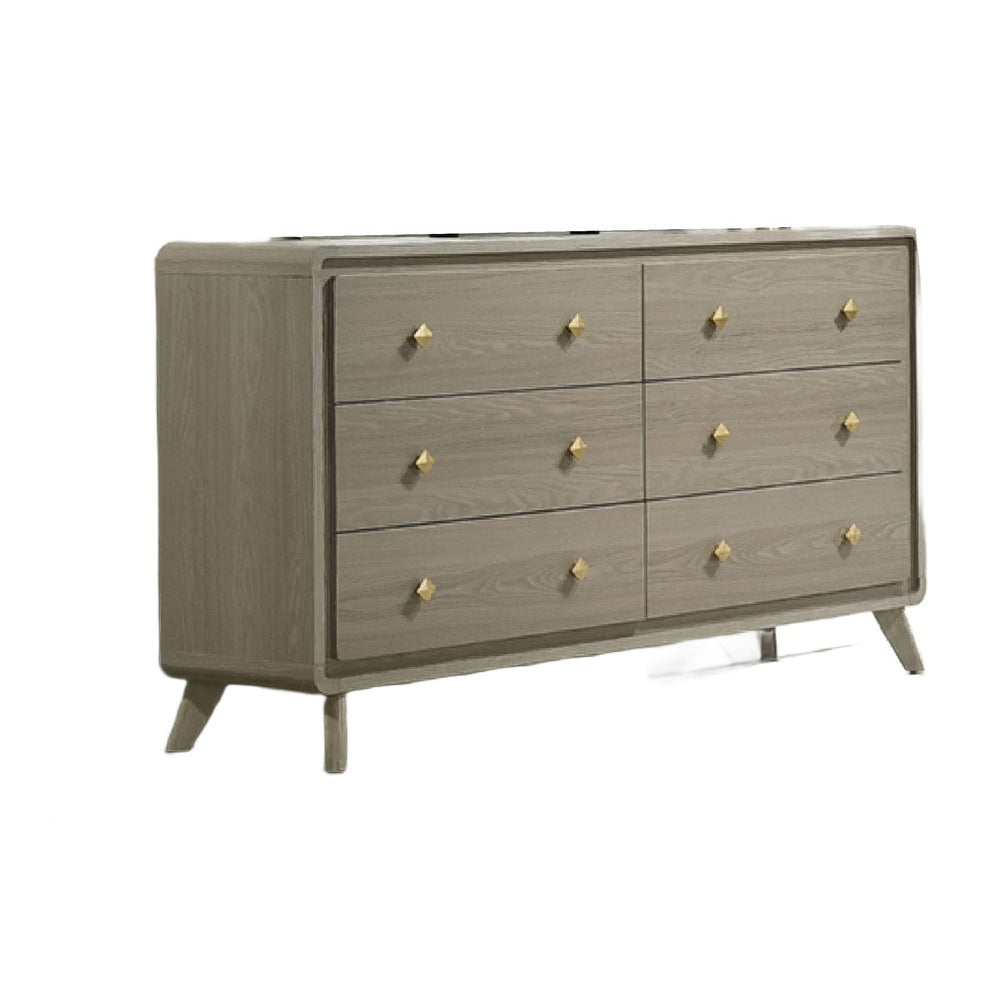 Reny Wide Dresser | 6 Drawers | Rounded Edges | Gold Knobs | Rustic Gray