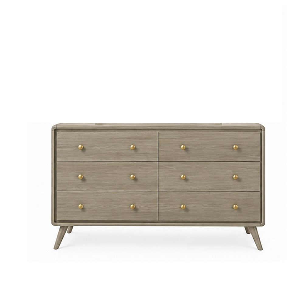 Reny Wide Dresser | 6 Drawers | Rounded Edges | Gold Knobs | Rustic Gray