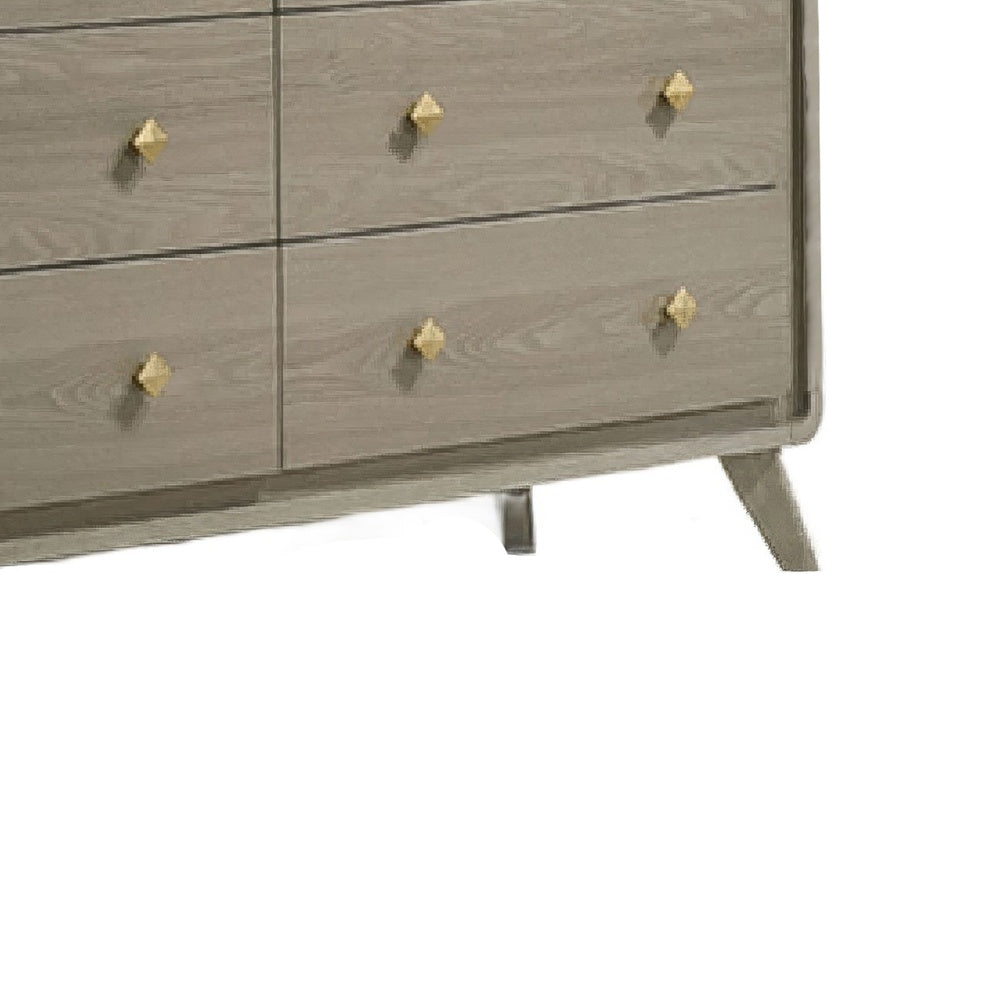 Reny Wide Dresser | 6 Drawers | Rounded Edges | Gold Knobs | Rustic Gray