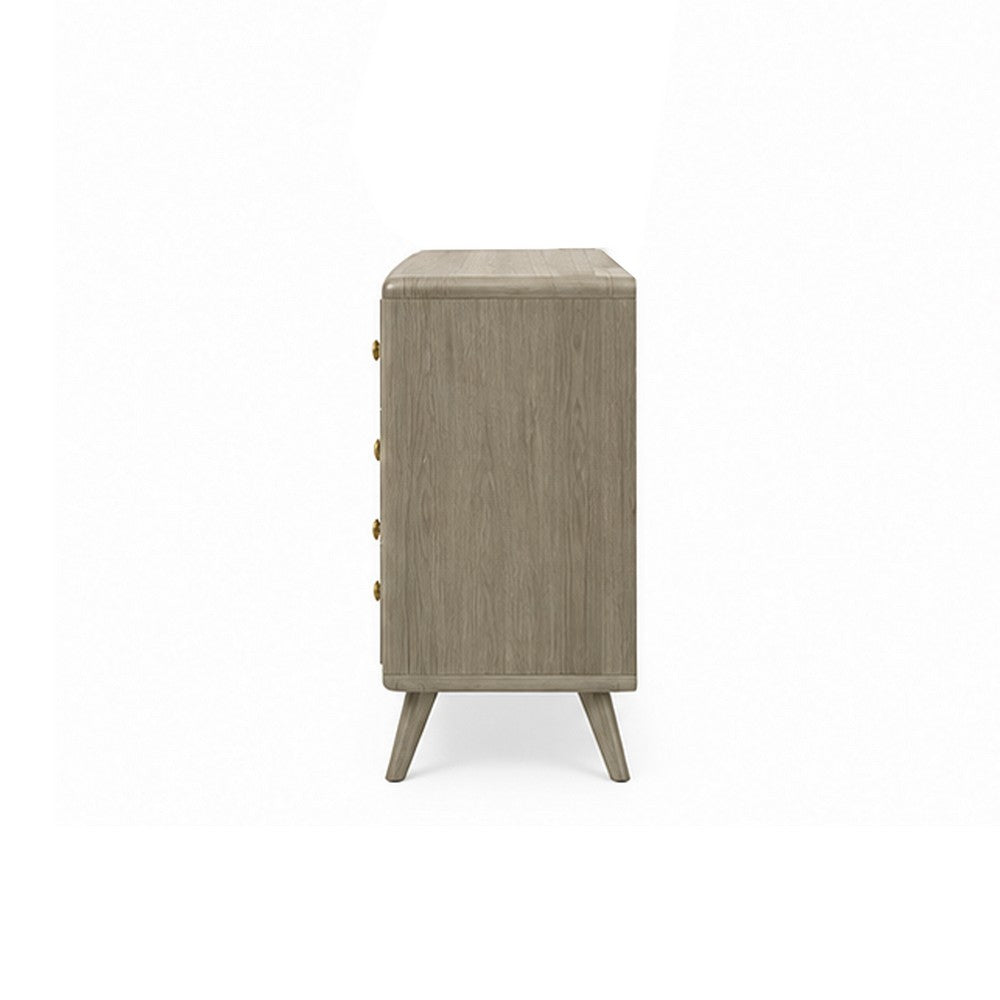 Reny Wide Dresser | 6 Drawers | Rounded Edges | Gold Knobs | Rustic Gray